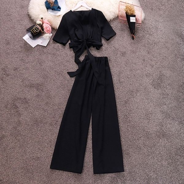 

amolapha women short style chiffon cardigans pants set v neck solid shirts wide leg pant suits for woman, White