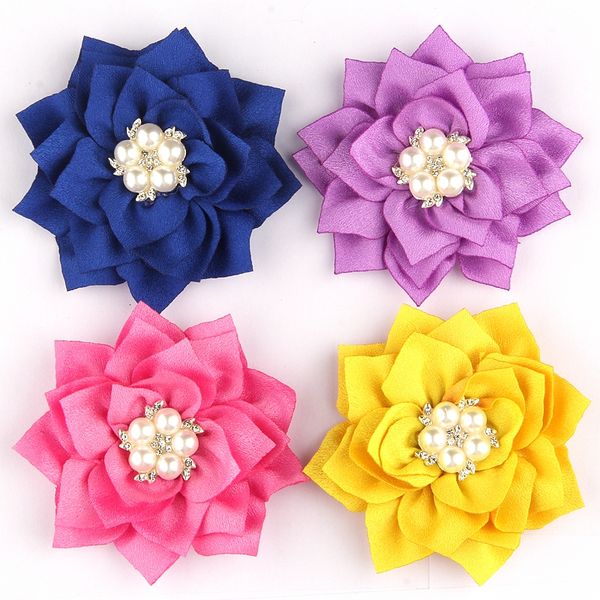 

5pcs 7.5cm 2.95" beauty lotus fabric flowers with pear rhinestone center hair accessories hair flower for clips wedding bouquet, Slivery;white