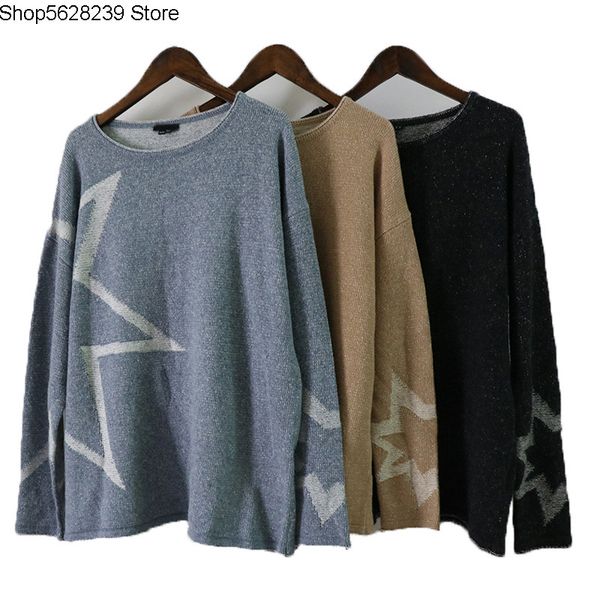 

other single two colors yarn abstract pentagram spell weaving classic round neck pullover knitting shirt loose sweater, White;black
