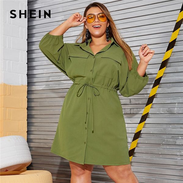 

shein plus size army green drawstring waist pocket side cargo shirt dress women autumn high waist flared casual plus dresses, Black;gray