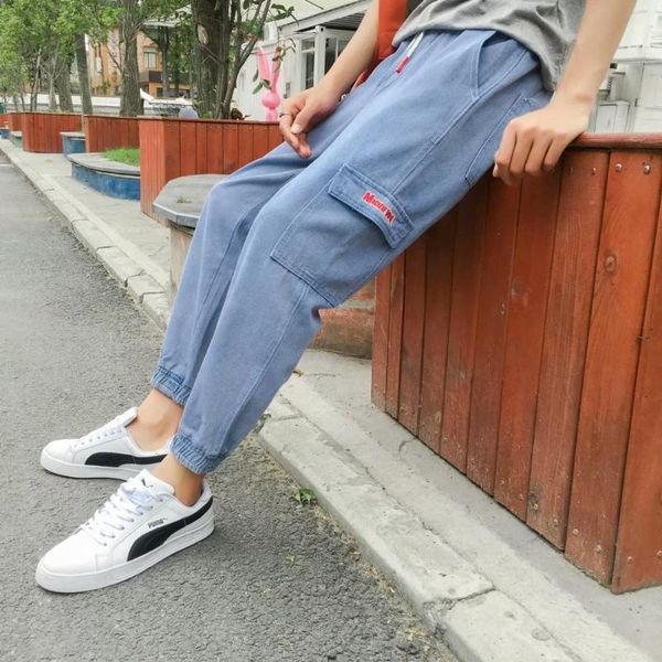 

men's jeans spring autumn elastic waist drawstring denim trend loose pants students multi-pocket casual beam feet harem, Blue