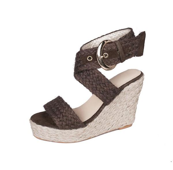 

promotion bohemian women sandals ankle strap straw platform wedges for women high heels cover heel sandal eu size:35-43, Black