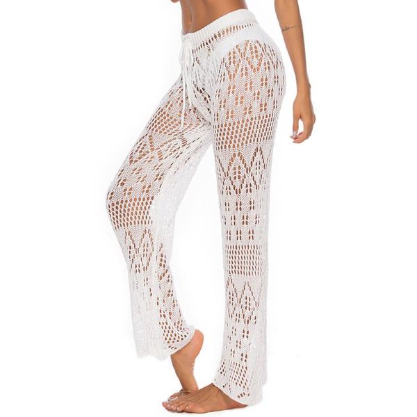 

loose out women pants drawstring party crochet knitted long trousers wide leg bikini cover up swimsuit clubwear, Black;white