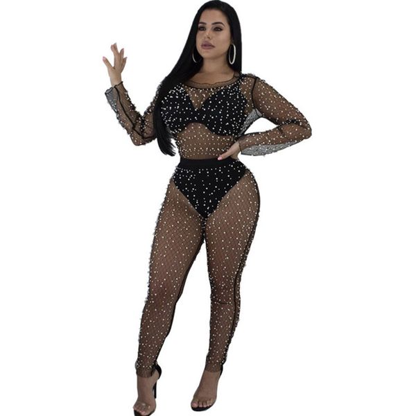 

women's jumpsuits & rompers black sheer jumpsuit mesh romper women long sleeve see through pearl beading nightclub party bodycon overal, Black;white