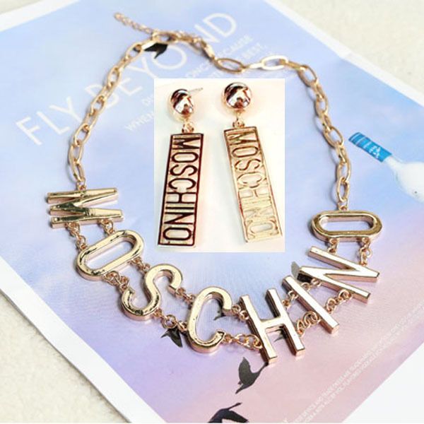 

mos fashion brand women necklace earrings set ladies full diamond t letter gold silver pendant earrings
