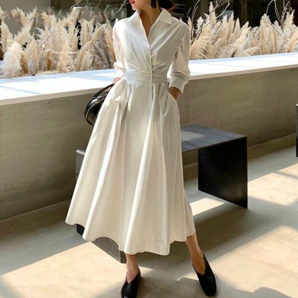 

ewq] women dress temperament white dress cotton seven sleeves high waist large hem summer dresses spring 2020 new, Black;gray