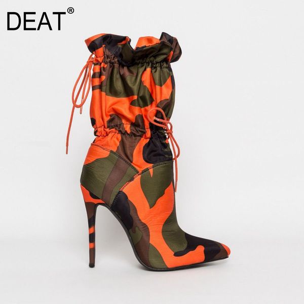 

deat] 2020 sharp toe drawstring hit color western style single microfiber women thin heels boots new spring summer tide 10h280, Black