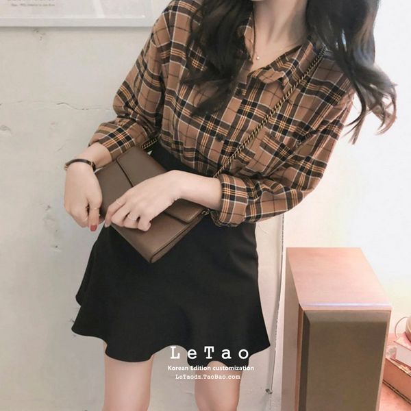 

old school plaid shirt women blouse long sleeve spring autumn casual chemise femme chemisier blusa mujer camisa, White
