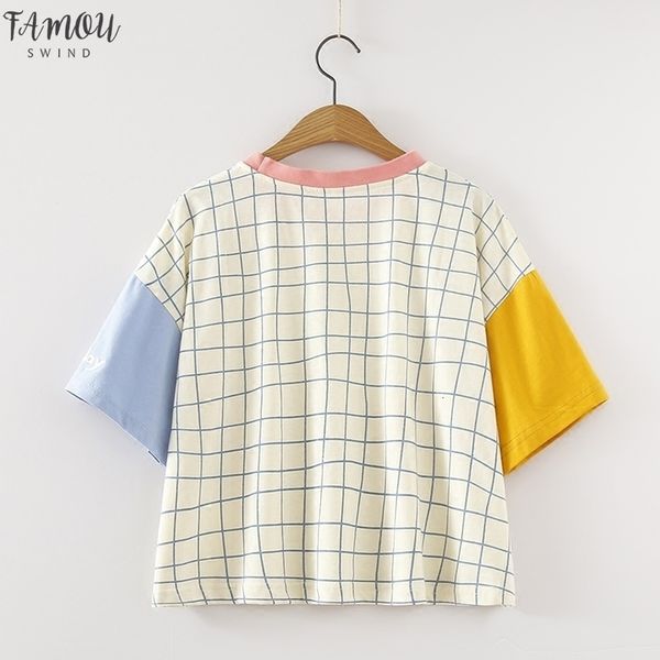 

2020 summer harajuku plaid women t shirts fashion patchwork women tees short sleeve casual cotton v neck female camisetas de mujer, White