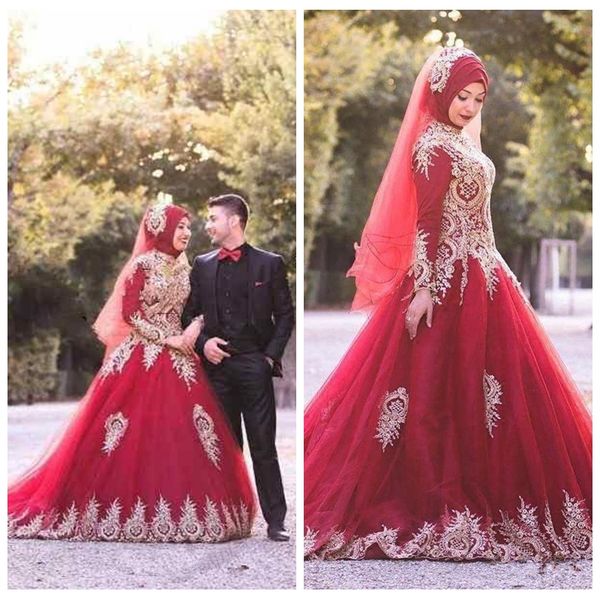 

2021 muslim modest gold lace appliques red wedding dresses high neck sequins long sleeves bridal dresses custom made luxurious bridal gowns, White