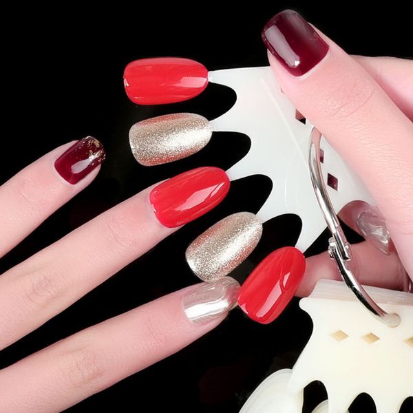 

5*10pcs false nail tips set round shape clear natural black white faux ongles practise nail gel color card display tool, Red;gold