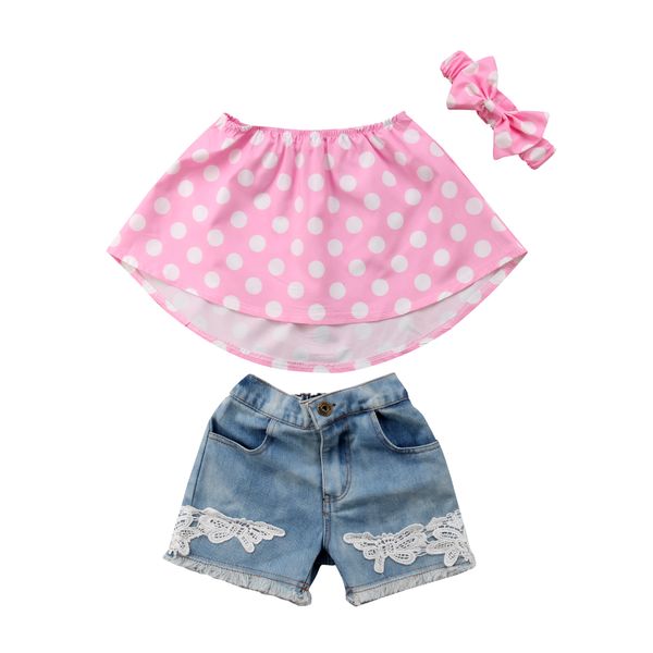 

Girl Clothes 3PCS 2018 Newborn Kid Baby Girl Cute Dot Strapless Sleeveless Tops T-Shirt + Lace Shorts Outfits Summer