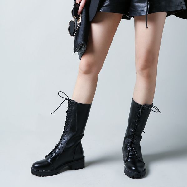 

2018 lace up pu leather boots women block heel mid calf motorcycle boot black brown british ladies gothic shoe plus size