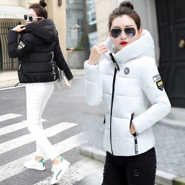 

2019 winter woman clothing slim warm hooded female coat solid plus size zipper short down cotton jacket outwear quilted jacket, Black