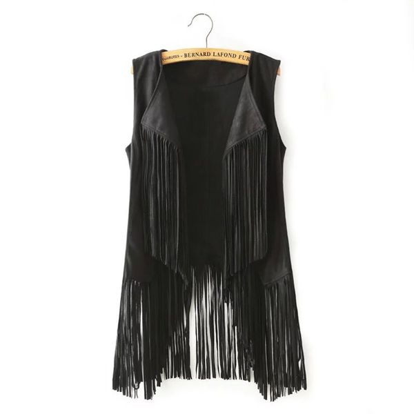 

women faux suede vest fringe shawl collar sleeveless outerwear waistcoat hippie, Black;white