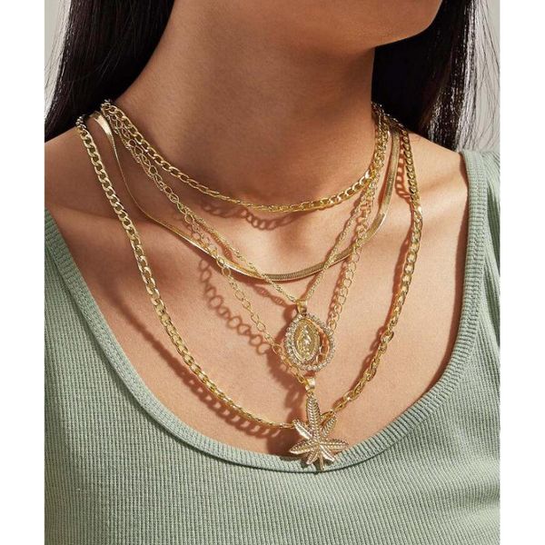 

gold color choker necklace for women 5 layers cool leaf juses pendant chain necklaces & pendants velvet chokers fashion jewelry, Golden;silver