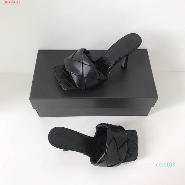 

2020 latest real leather slippers women shoes square sole mules , open-toed woven high heel slipper soft nappa lido sandals ,9cm heel ct03, Black