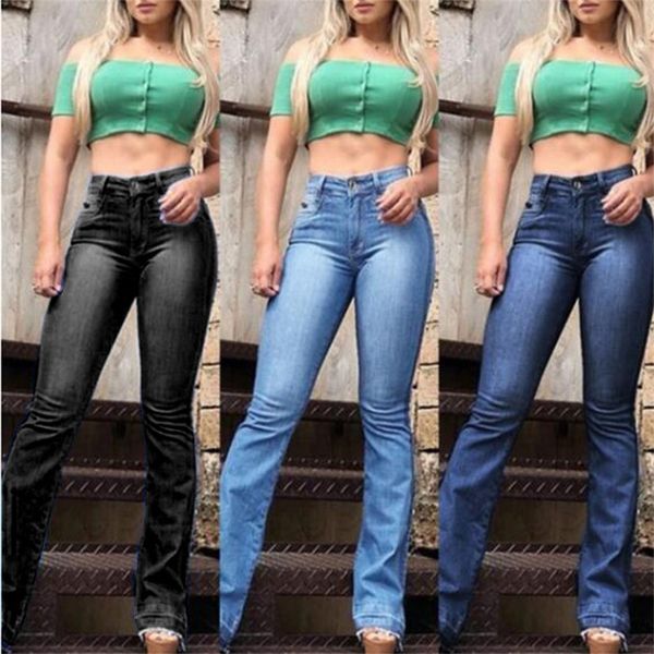 

womens designer flare jeans fashion retro style plsu size long pants solid womens casual denim pants, Blue