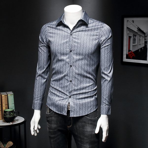 

2020 spring and autumn men's long-sleeved shirt tide brand retro pattern printing slim bottoming shirt social male korean shirt, White;black