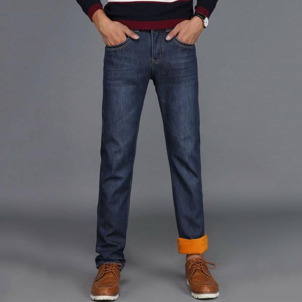 

men winter thermal jeans fleeced lined denim long pants casual warm trousers for office travel s55, Blue