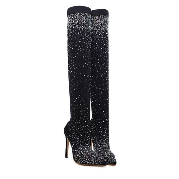 

women's boots shoes autumn winter 8 cm high-heeled knee stretch boot elastic pointed stiletto crystal stretch pointy black adult