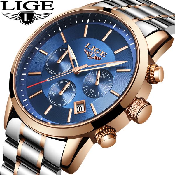 

2019 lige new stainless steel waterproof men watchesfashion business watch men relogio masculino montre homme, Slivery;brown