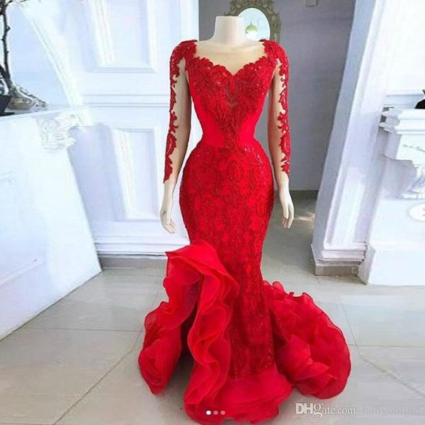 2020 New Red Long Sleeve Vestidos Mermaid Sheer laço no pescoço apliques Ruffles inferior Vestidos Prom Vestidos