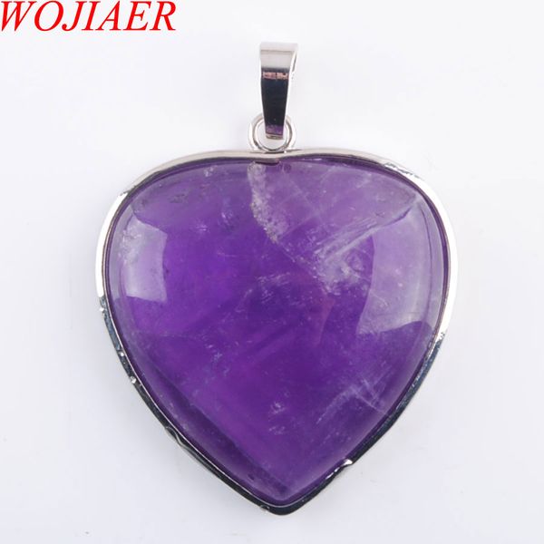 

wojiaer simple heart design natural jewelry amethyst gem stone pendant necklace female valentine's day gift dn3205, Silver