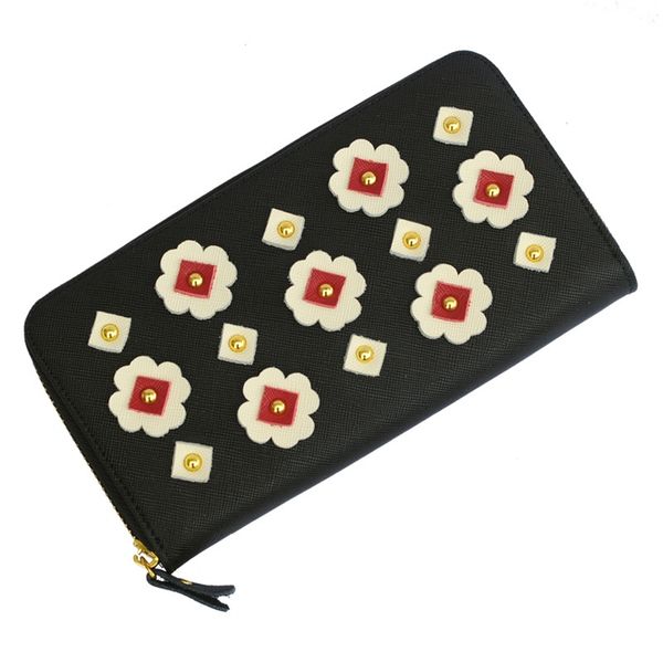 

2019 summer new women's wallet small lady long leather flower contrast color zipper wallet designer coin purse card package, Red;black