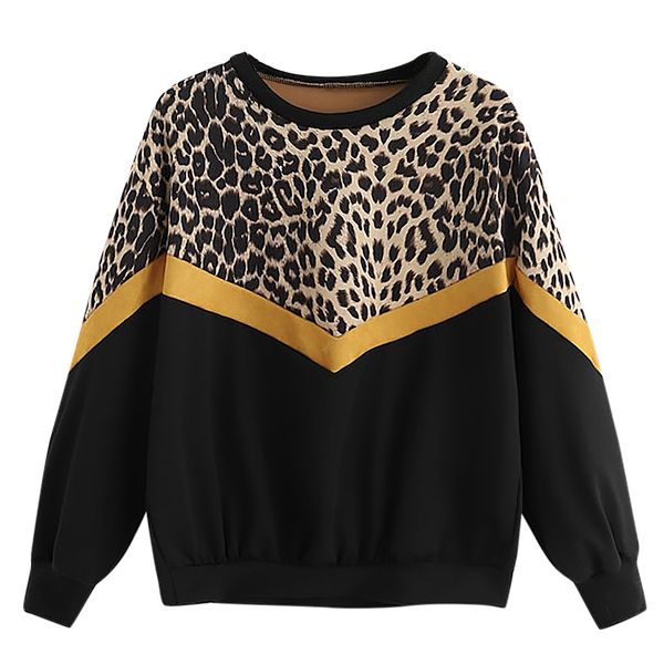 

sweatshirts fashion dames casual lange mouwen patchwork luipaard print o-hals sweatshirt oversized shirt koreaanse, Black