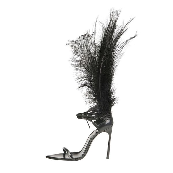 

real ps women feather sandals size 37 high heels black summer shoes