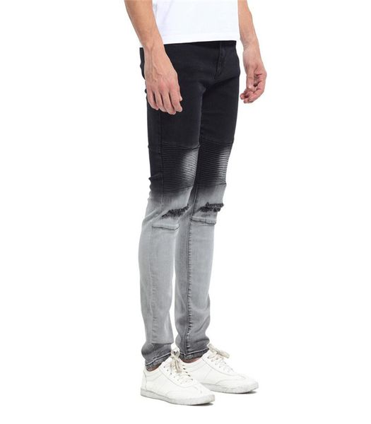 

gradatient color jeans mens stylish designer black white color patchwork washed pencil pants jeans, Blue