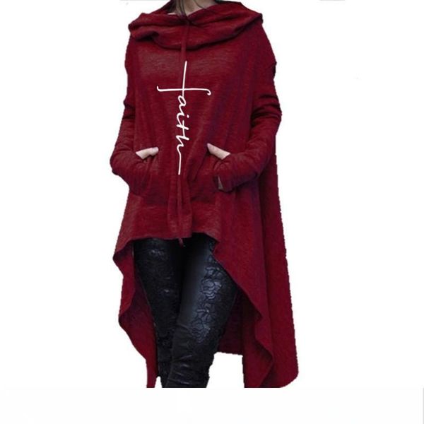 

2019 новая вера письмо вышитые длинные толстовки женщины с длинным рукавом нерегулярные подол карман толстовка женский плюс размер пуловер т, Black