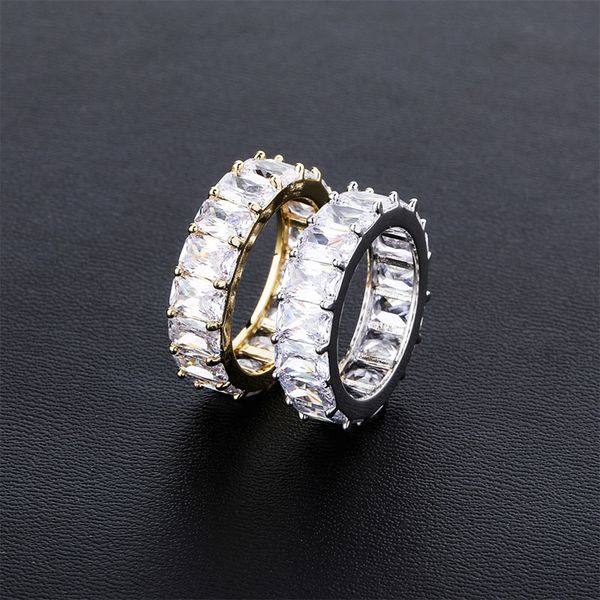 

1 row rectangle iced out cubic zircon round ring men's hip hop gold silver color personality jewelry for gifts