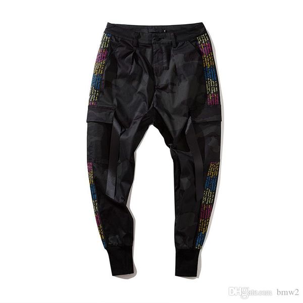 

men side pockets camouflage pants embroidery cotton casual ribbon hip-hop mens jogger trousers sweatpants, Black
