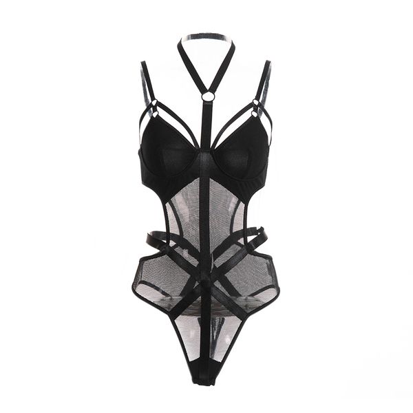 

lace patchwork mesh halter hanging neck bandage black out women jumpsuit lingerie babydoll club bodysuit cocktail, Black;white