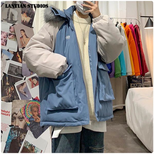 

lt studios winter warm hooded men parkas korean style casual loose jackets 2019 fashion patchwork baggy outwear coats, Black