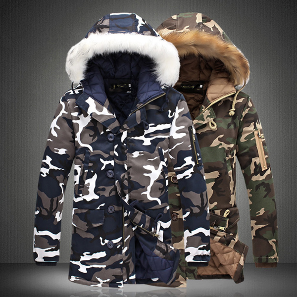 

thick warm parkas coat winter jacket men casual long outwear hooded fur collar windbreaker jackets camouflage coat men plus size, Black
