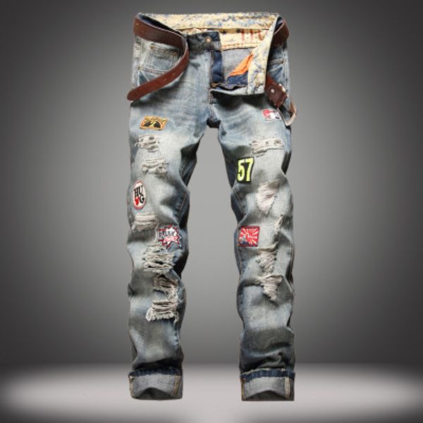 

new men's fashion men's slim straight pin do old light grey ripped jeans men's trousers are hot, Blue