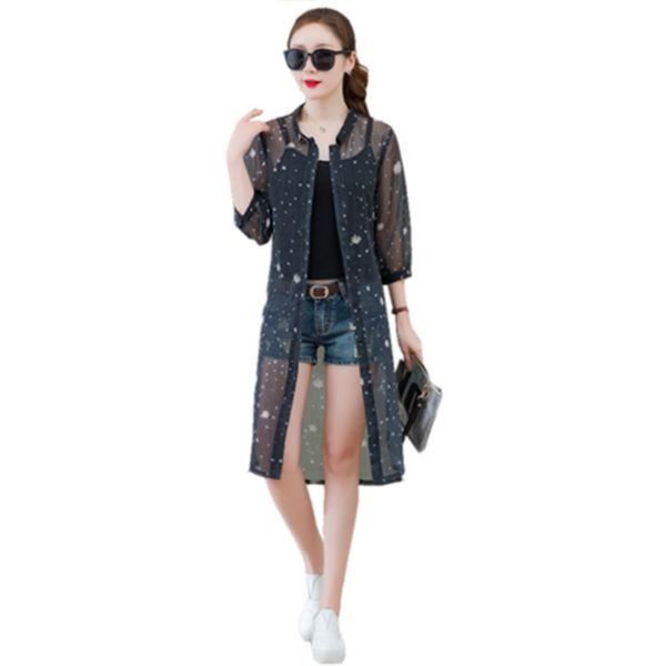 

women's chiffon shirts new summer translucent mesh cardigan print female long coat summer thin and light women chiffon shirt t45, White