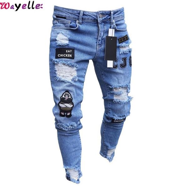 

2 styles men stretchy ripped skinny biker embroidery print jeans destroyed hole taped slim fit denim scratched jean, Blue