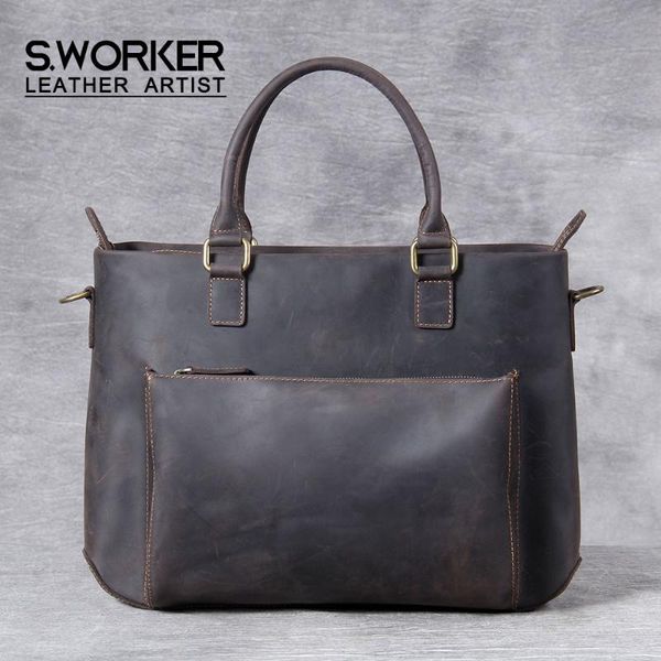 

s.worker vintage men's genuine leather briefcase laphandbag classic messenger bag tote concise crazy horse shoulder bag