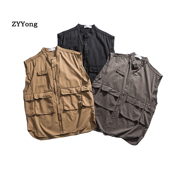 

хлопок стенд шеи mens vest вскользь sportwear рукавов куртки осень весна серый хаки черный жилет 2020, Black;white