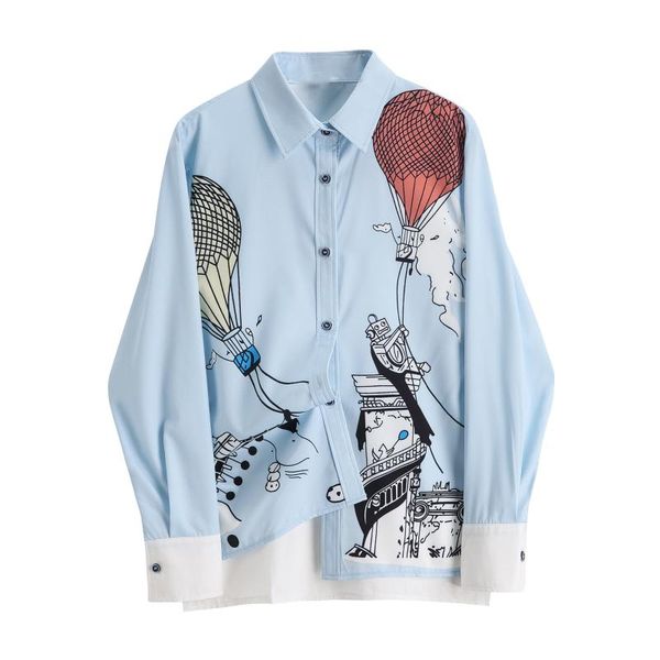 

women pattern print blue blouse new lapel long sleeve loose fit shirt fashion all-match spring autumn 2020, White