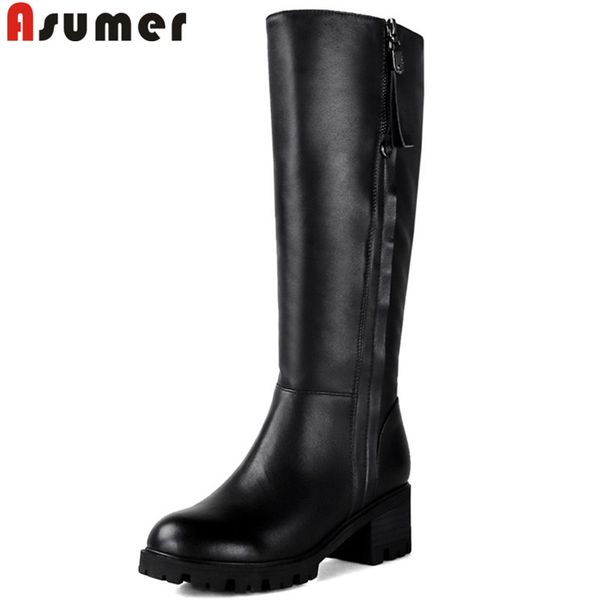 

asumer black fashion knee high boots women round toe zip pu+cow leather boots square high heels ladies keep warm winter