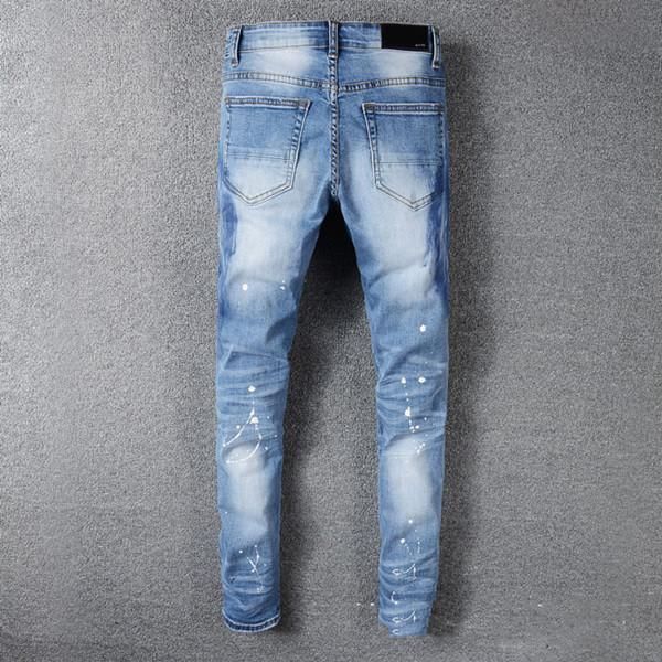

2020 new wholesale classic miri hip hop pants jeans designer pants mens slim straight biker skinny loophole jeans men women ripped jeans, Blue