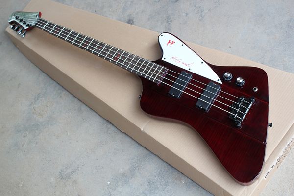

4-струнная электрическая бас-гитара, изготовленная на заказ, с пламенным кленовым шпоном, накладкой из розового дерева, черным оборудованием