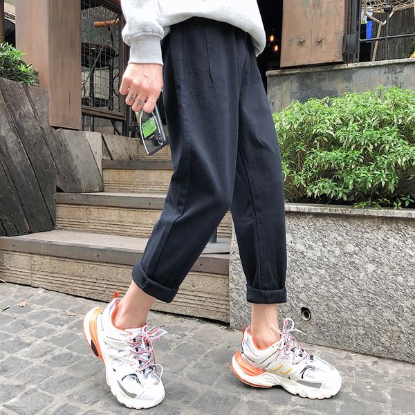 

2019 spring and summer new korean version of the price couple casual men's straight loose jeans solid color streetwear best, Blue