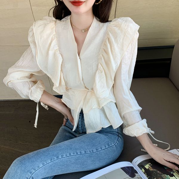 

2020 new spring women ruffles v neck pleated chiffon blouses blusas mujer vintage ins new fashion shirts, White