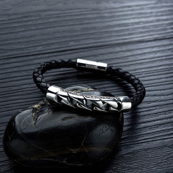 

fashion men handmade design braided leather magnetic bracelet stainless steel new design jewelry diy punk hip hop bracelets for men gift, Golden;silver